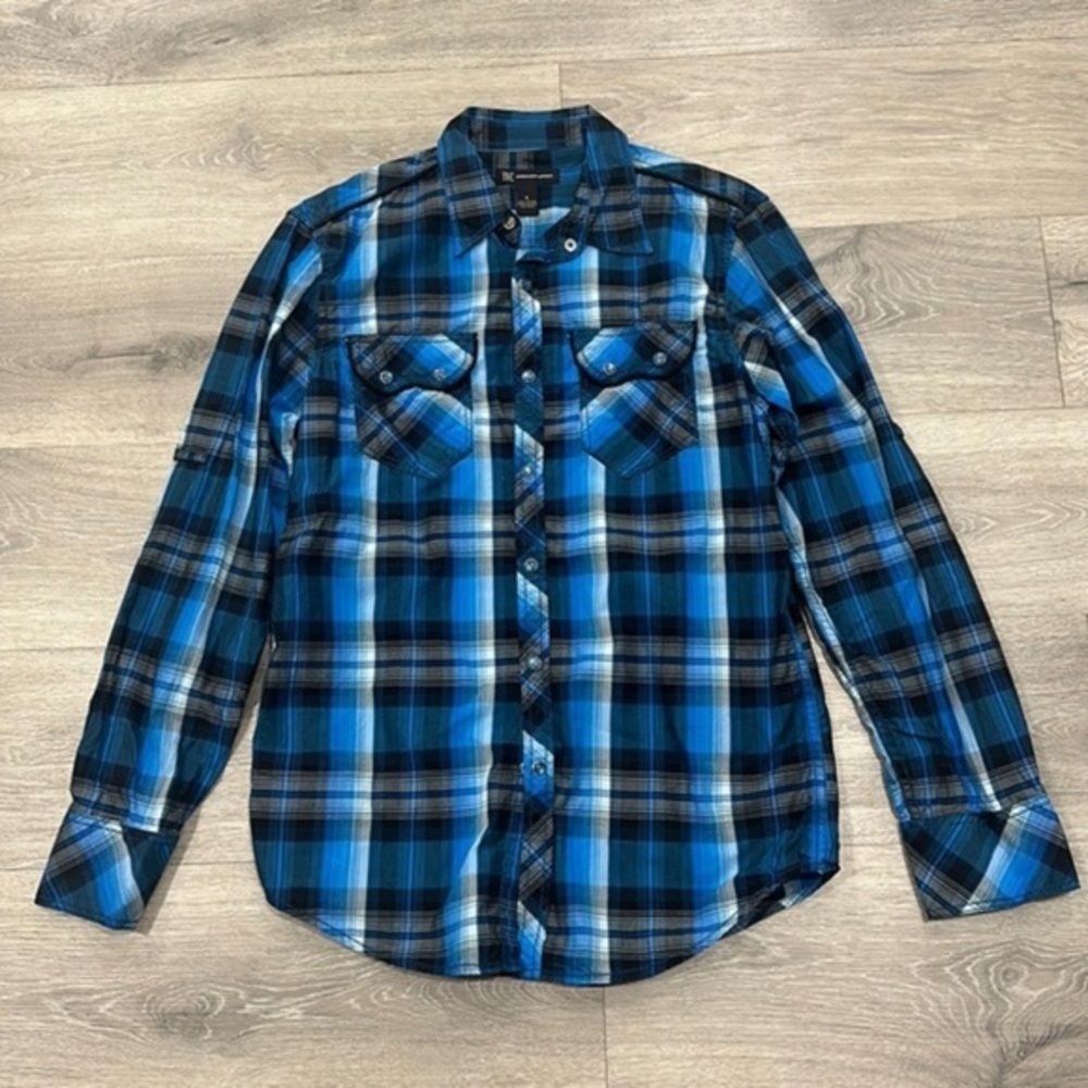 Men’s Blue Plaid Long Sleeve Button Down Dress Work Shirt Small